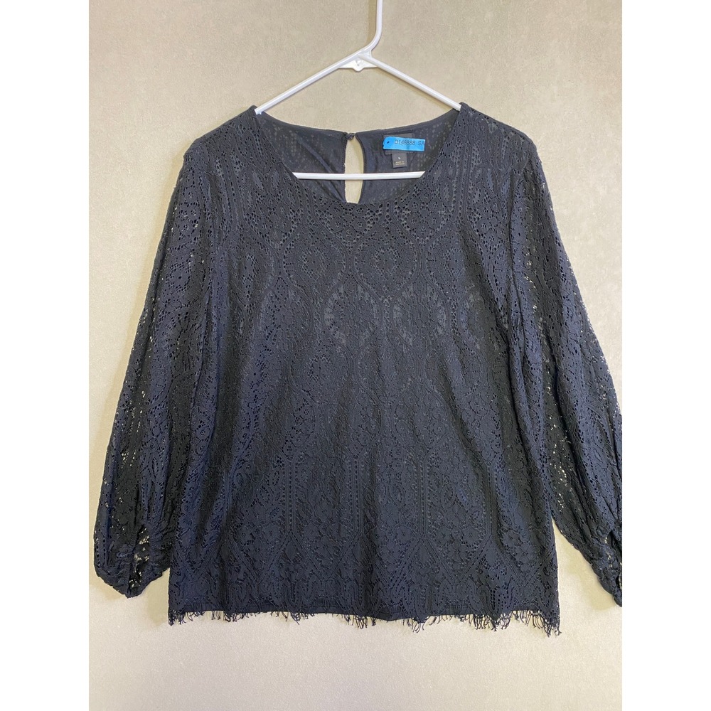 Worthington Womens Black Lace Long Sleeve Blouse Eyelash Fringe Hem Large